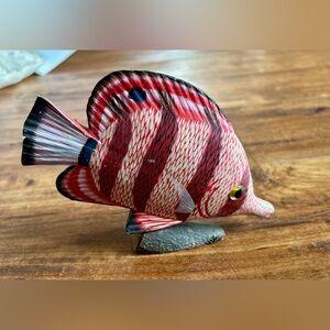 Hand Carved & Painted Wooden Tropical Fish Butterflyfish On Wooden Base